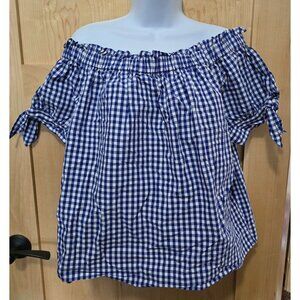 J. Crew Blue & White Gingham Off-Shoulder Top Bow Tie Sleeves Summer milkmaid